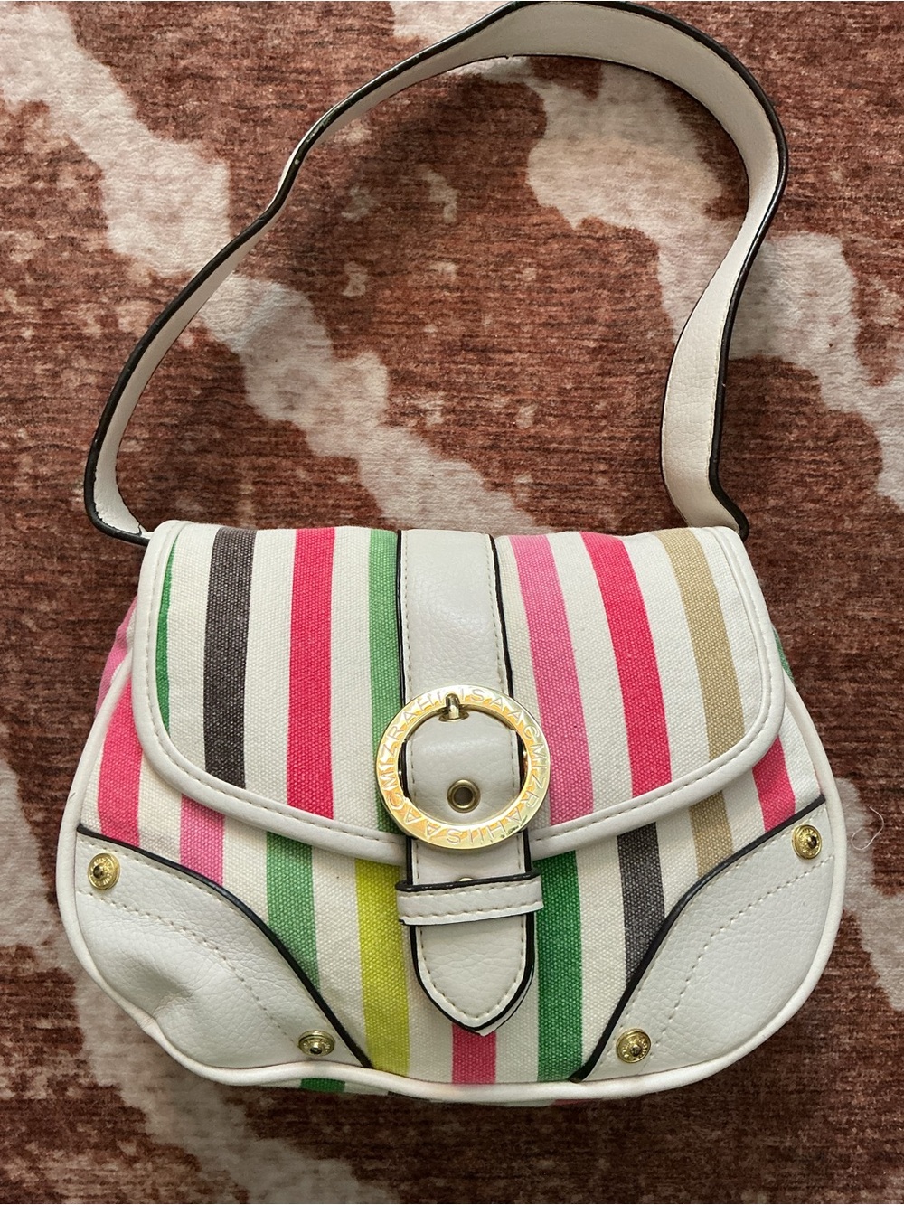 Isaac Mizrahi White Shoulder Bag with Pink, Green, Yellow & Brown Stripes